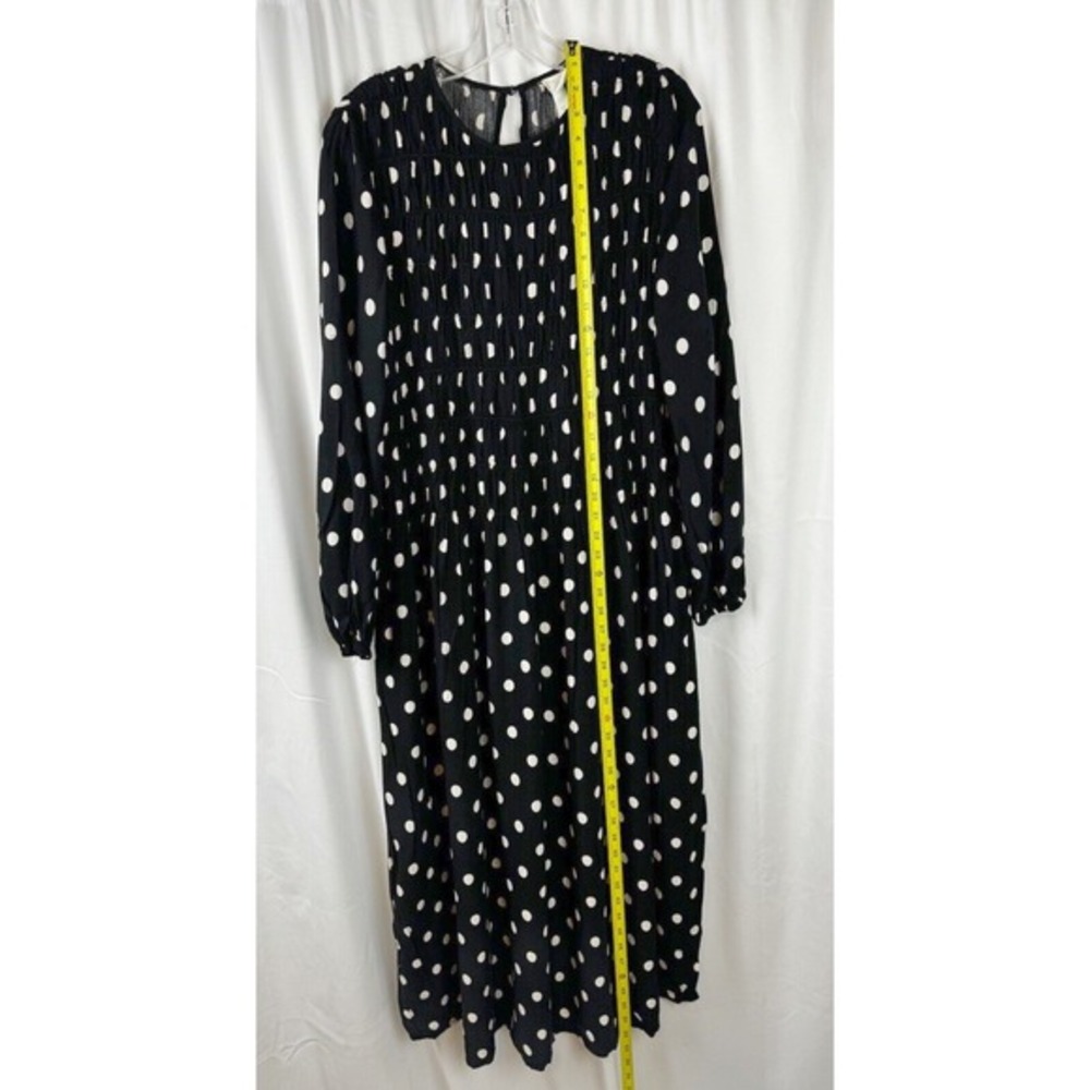 H&M Polka Dot Smocked Midi Dress Black White Long Sleeve M Rockabilly Chic 51-29 - Picture 4 of 15